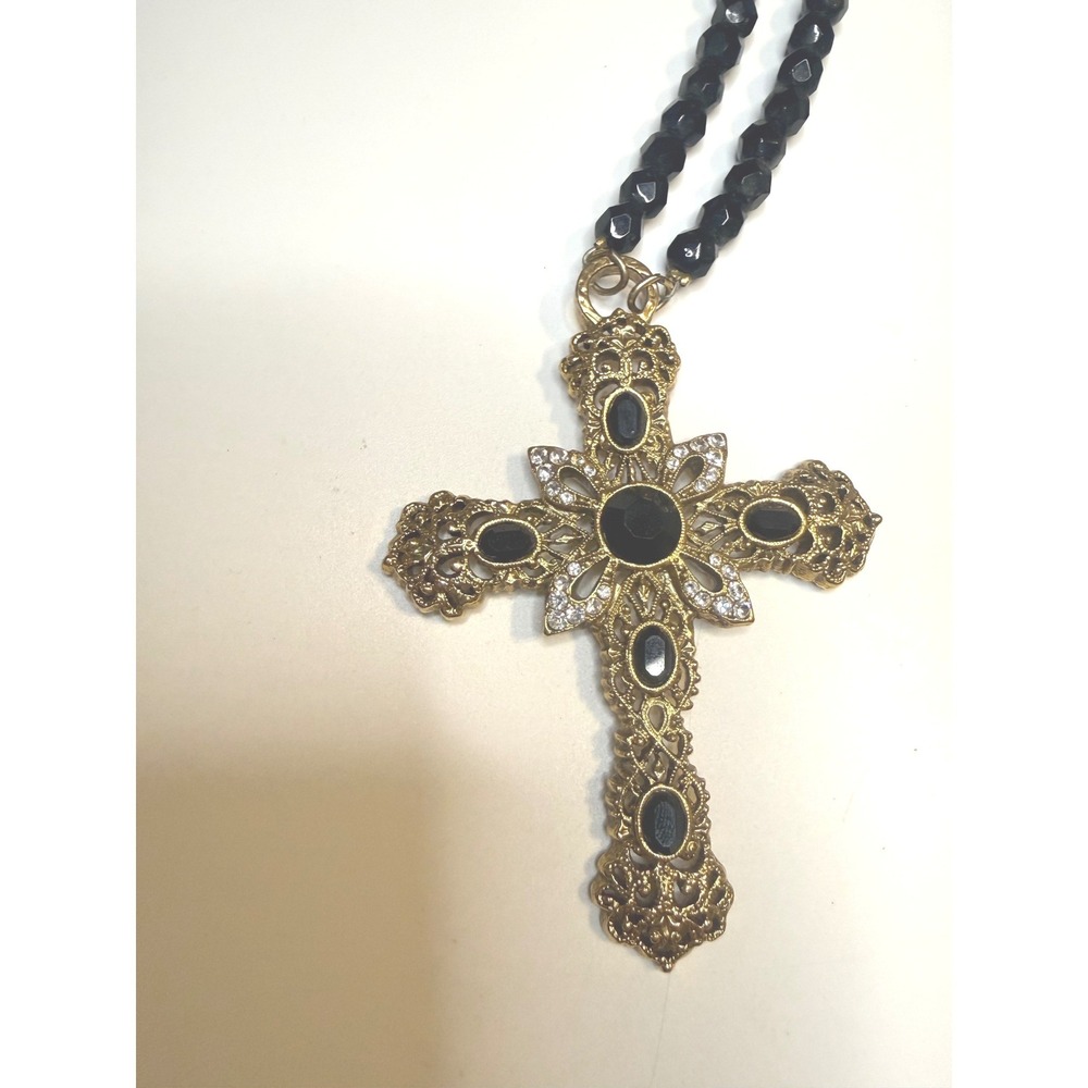 1928 Jewelry Gold‎ Tone Black Bead Filigree Cross Pendant Necklace Rhinestone